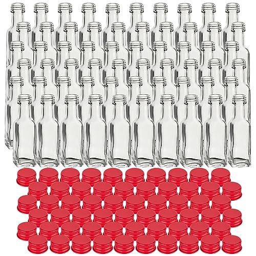 gouveo 60er Set Glasflaschen 20 ml Maraska mit Schraubverschluss rot - Mini Flasche 0,02 l zum Befüllen - Glasfläschchen für Likör, Schnaps, Öl oder zum Basteln von gouveo