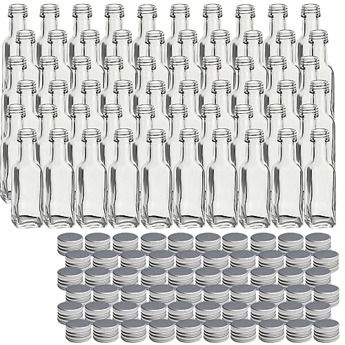 gouveo 60er Set Glasflaschen 20 ml Maraska mit Schraubverschluss silberfarben - Mini Flasche 0,02 l zum Befüllen - Glasfläschchen für Likör, Schnaps, Öl oder zum Basteln von gouveo