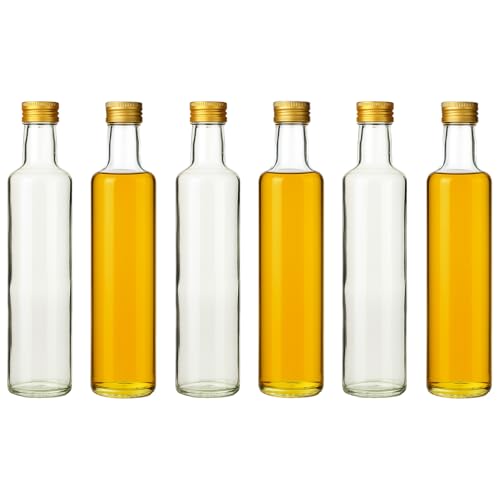 gouveo 6er Set 500ml Glasflaschen Dorica klar mit goldfarbenem PP 31,5 Schraubverschluss - Essigflaschen Ölflaschen Sirupflaschen leer zum Selbstbefüllen - klar & modern (DFT500G) von gouveo