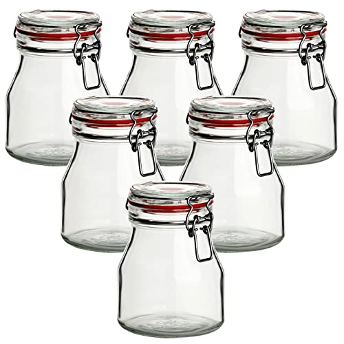 gouveo 6er Set Einmachglas 750 ml rund mit Bügelverschluss rot - Vorratsdosen aus Glas mit Drahtbügelverschluss - Vorratsgläser mit luftdichtem Deckel zum Konservieren, Einwecken, Aufbewahren von gouveo