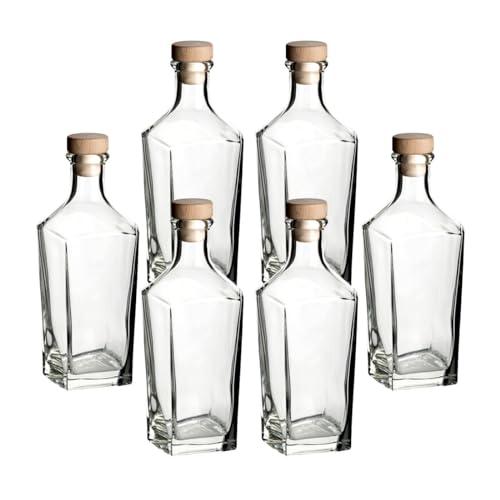 gouveo 6er Set Dekanter 500 ml Ina mit Korken (HGK) - Design-Flasche 0,5 l aus Glas - Karaffe mit kantigem Flaschenkörper für Likör, Whisky, Cognac von gouveo