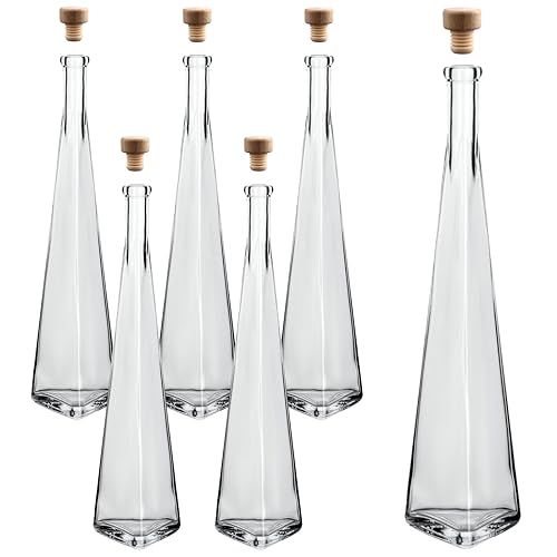 gouveo 6er Set Dekanter 500 ml Pyramide mit Korken (HGK) - Design-Flasche 0,5l aus Glas mit Korkverschluss - Glas Karaffe mit Triangolore-Form für Likör, Whisky, Cognac von gouveo