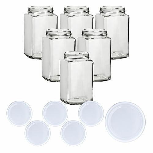 gouveo 6er Set Einmachgläser 1700 ml eckig mit Schraubverschluss Weiss - Große Vorratsgläser 1,7 l - Aufbewahrungsglas für Müsli, Nudeln, Kekse von gouveo