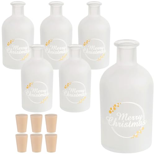 gouveo 6er Set Glasflasche 250 ml Apotheker gefrostet Merry Christmas in weiss mit Gold-Punkte und Spitzkorken (PEK) - Weihnachtsflasche zum Befüllen, Verschenken, Dekorieren von gouveo