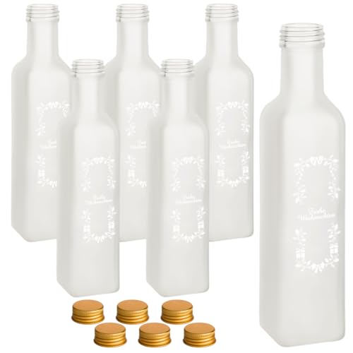 gouveo 6er Set Glasflasche 250 ml Maraska gefrostet mit Frohe Weihnachten in Weiss mit Gold-Deckel - Leere Flaschen mit Schraubverschluss für Weihnachten zum Befüllen und Verschenken von gouveo