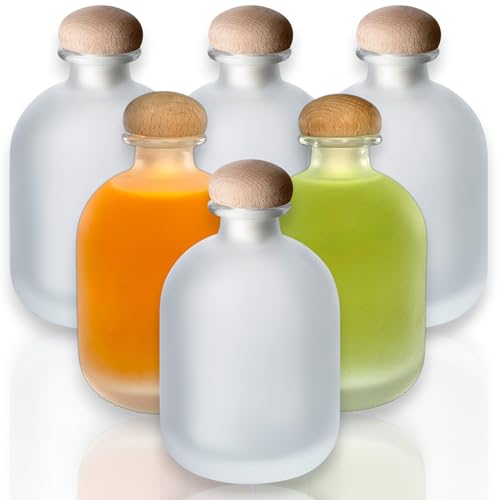 gouveo 6er Set Glasflasche 350 ml Arctic mit Korken (HGK) - Gefrostete Design-Flasche 0,35l aus Glas mit Stopfen - Runde Flasche für Likör, Whisky, Cognac, Rum (FARM350HGK) von gouveo