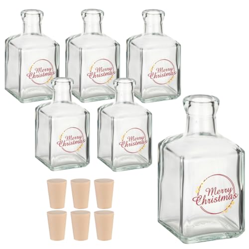 gouveo 6er Set Glasflaschen 250 ml Cube Merry Christmas in rot mit Gold-Punkte und Korken (PEK) - Leere Flaschen mit Korken für Weihnachten zum Befüllen und Verschenken von gouveo
