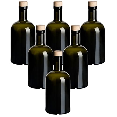 gouveo 6er Set Glasflaschen 500 ml Klassik Antik mit Holzgriff-Korken - Leere Flasche 0,5 l aus Glas zum Befüllen - Glasflasche für Likör, Schnaps, Gin, Öl, Essig von gouveo