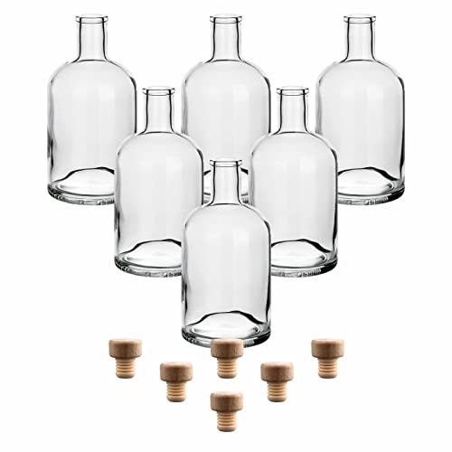gouveo 6er Set Glasflaschen 700 ml Klassik mit Holzgriff-Korken - Leere Flasche 0,7 l aus Glas zum Befüllen - Hochwertige Glasflasche für Gin, Whisky, Likör, Schnaps von gouveo