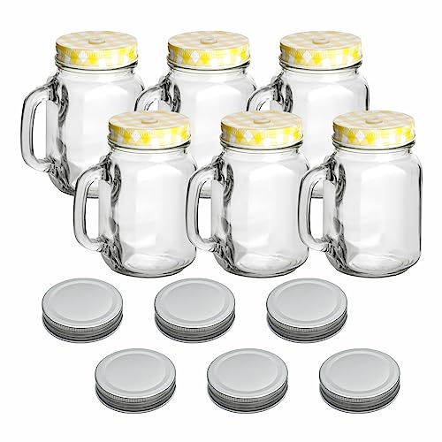 gouveo 6er Set Trinkgläser 450 ml mit Deckel gelb, silberfarben - Trinkglas mit Henkel und Drehverschluss - Henkelgläser mit Deckel - Cocktail-Glas für Garten und Balkon von gouveo