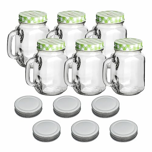 gouveo 6er Set Trinkgläser 450 ml mit Deckel grün, silberfarben - Trinkglas mit Henkel und Drehverschluss - Henkelgläser mit Deckel - Cocktail-Glas für Garten und Balkon von gouveo