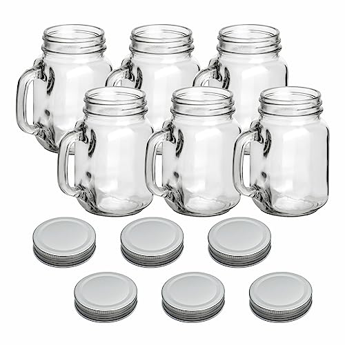 gouveo 6er Set Trinkgläser 450 ml mit Deckel silberfarben - Trinkglas mit Henkel und Drehverschluss - Henkelgläser mit Deckel - Cocktail-Glas für Garten und Balkon von gouveo