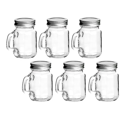 gouveo 6er Set Trinkgläser 110 ml mit Deckel silberfarben - Kleines Trinkglas mit Henkel und Schraubverschluss - Leere Henkelgläser für Kinder - Cocktail-Glas für Garten, Balkon, Party von gouveo