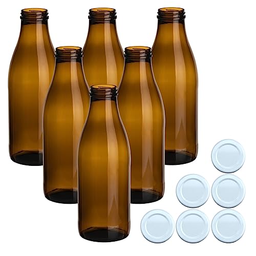 gouveo 6er Set Saftflasche 1000 ml Antik mit Schraubdeckel Weiss - Braune Glasflasche 1 Liter mit TO48 Verschluss - Leere Flasche zum Befüllen (SFA1000W) von gouveo