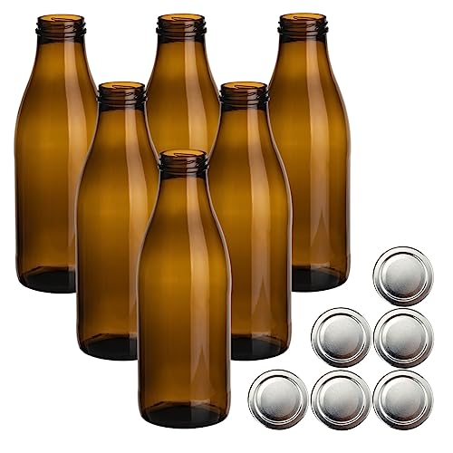 gouveo 6er Set Saftflasche 1000 ml Antik mit Schraubdeckel silberfarben - Braune Glasflasche 1 Liter mit TO48 Verschluss - Leere Flasche zum Befüllen (SFA1000S) von gouveo