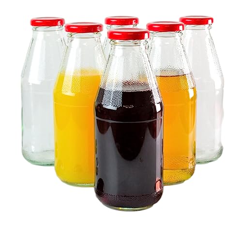 gouveo 6er Set Saftflasche 500 ml mit Schraub-Deckel rot - Kleine Glasflasche 0,5 l mit TO43 Verschluss - Leere Flasche zum Befüllen für Küche und Haushalt von gouveo