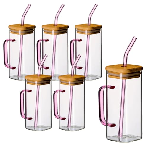 gouveo 6er Set Trinkgläser 350 ml mit Henkel PINK, Deckel und Strohhalm - Cocktail Gläser aus Borosilikatglas - Longdrinkgläser mit Griff - Glasbecher für Kalt- & Heißgetränke (TGE350HP) von gouveo
