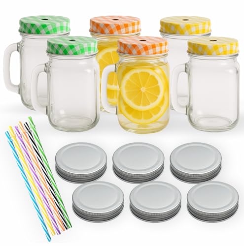gouveo 6er Set Trinkgläser 450 ml mit Deckel Mix grün, gelb, orange, silber - Trinkglas mit Henkel und Mehrweg-Trinkhalm - Henkelgläser für Garten, Party Cocktail (TGH450SGRGO) von gouveo