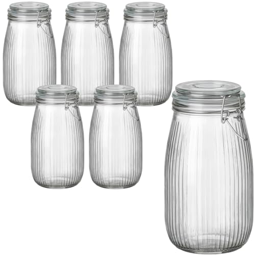 gouveo 6er Set Vorratsgläser 1500 ml geriffelt mit Bügelverschluss - Bügelgläser aus Glas mit Drahtbügelverschluss - Aufbewahrungsgläser für Küche und Haushalt (BG1500R) von gouveo