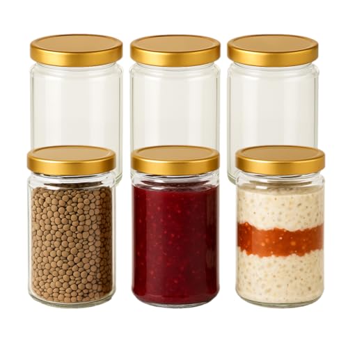 gouveo 6er Set Vorratsgläser 700 ml mit Schraubdeckel goldfarben (Deep) - Große Einmachgläser für Overnight Oats - Mason Jar für Selbstgemachtes, Salat, Chutney, Joghurt (VGRD700G) von gouveo