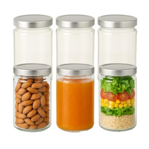 gouveo 6er Set Vorratsgläser 700 ml mit Schraubdeckel silberfarben (Deep) - Große Einmachgläser für Overnight Oats - Mason Jar für Selbstgemachtes, Salat, Chutney, Joghurt (VGRD700S) von gouveo