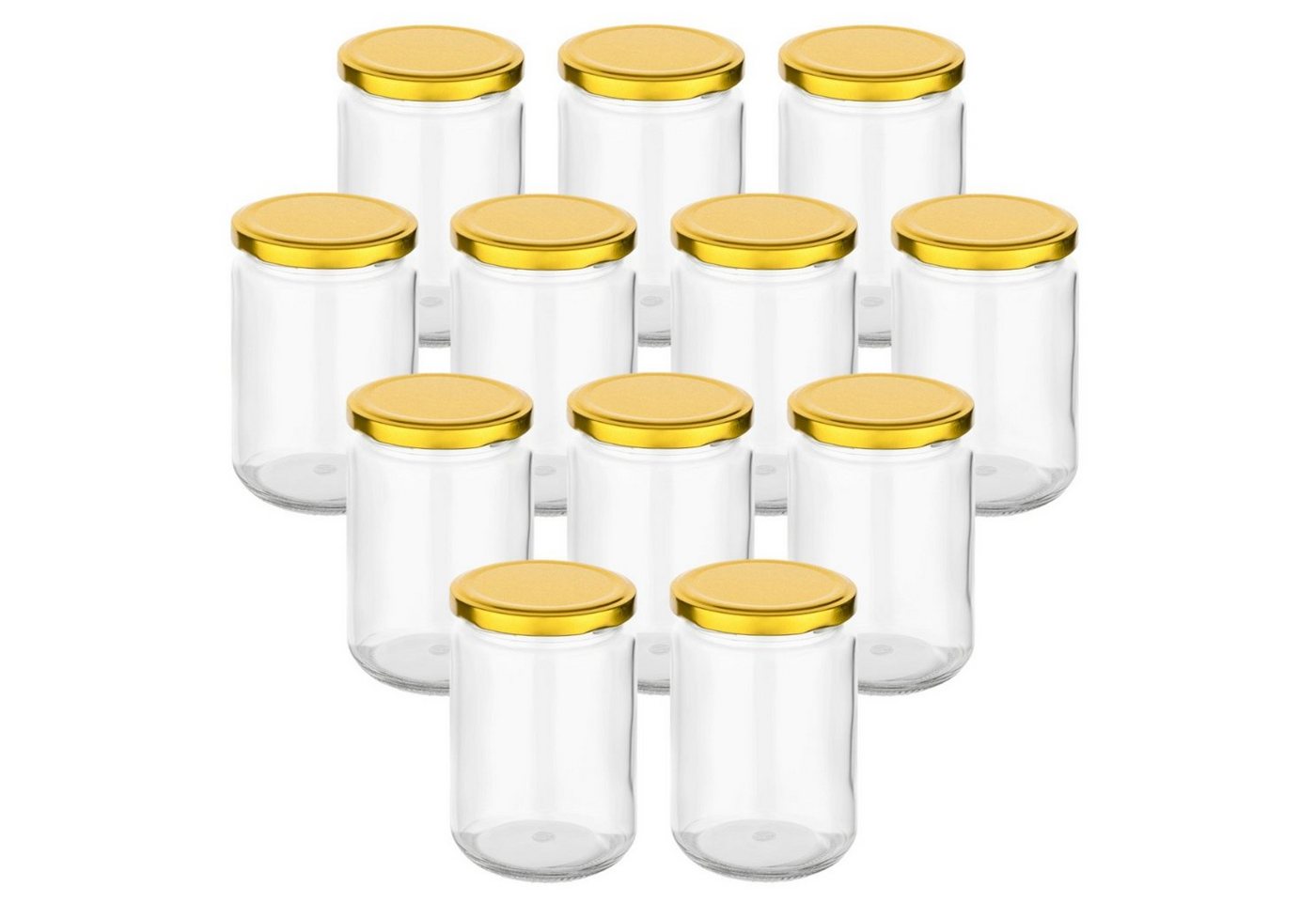 gouveo Einmachglas Einmachgläser rund mit Schraubdeckel - Gläser mit Schraubverschluss, (12er Set, goldfarben, 350 ml), Mit Twist-Off-Deckel, mehrweg von gouveo