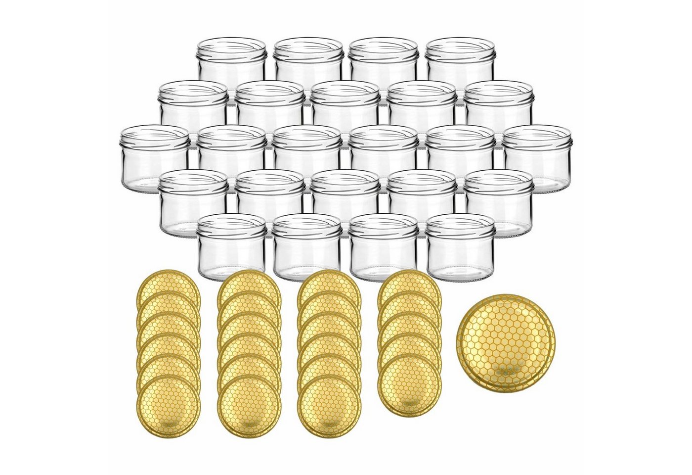 gouveo Einmachglas Vorratsgläser 230 ml rund mit Schraubverschluss TO 82, (24 Stück, Bienenwabe), Gläser für Selbstgemachtes, Marmelade, Wurst von gouveo