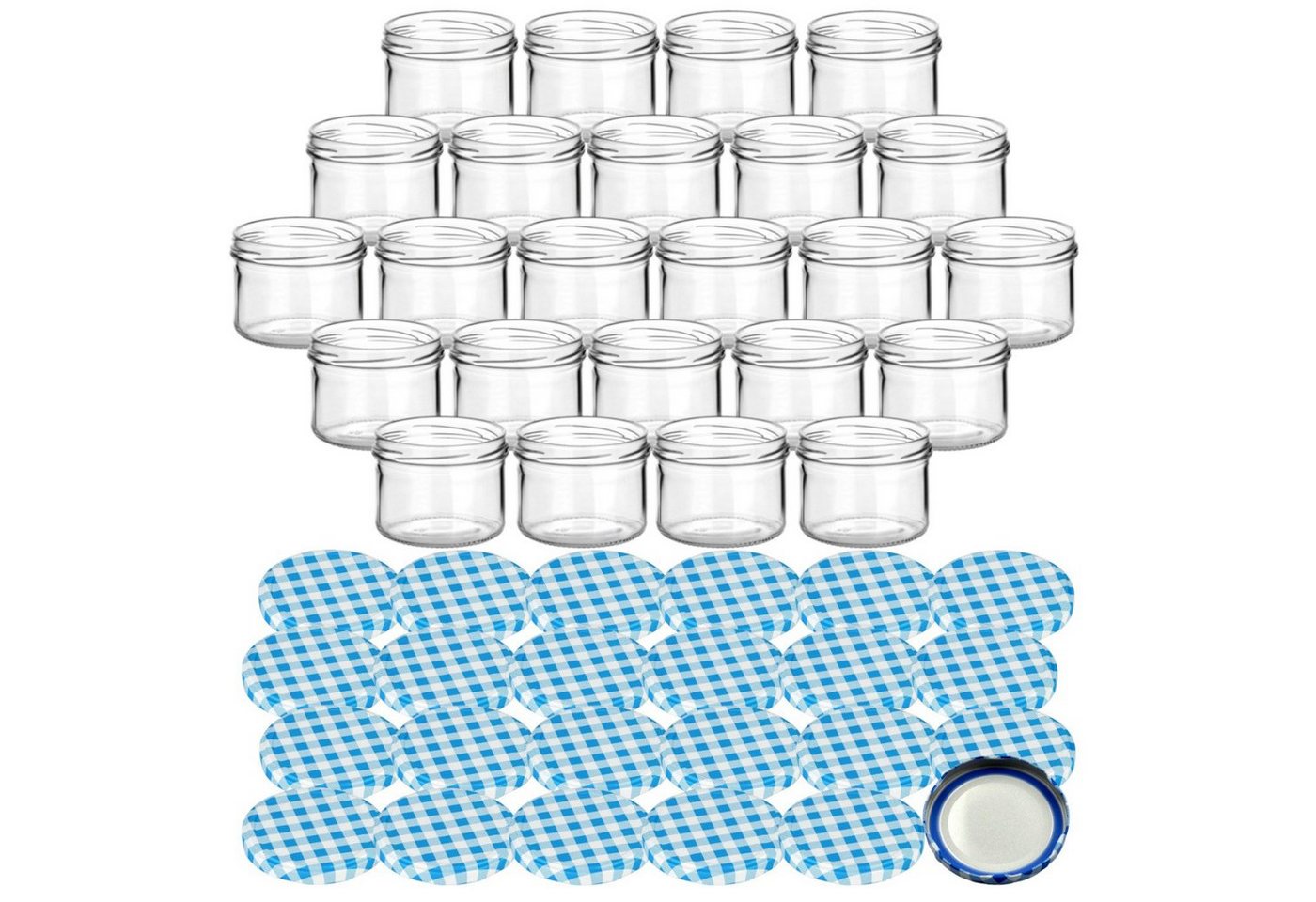 gouveo Einmachglas Vorratsgläser 230 ml rund mit Schraubverschluss TO 82, (24 Stück, Karo-Blau BLUESEAL), Gläser für Selbstgemachtes, Marmelade, Wurst von gouveo