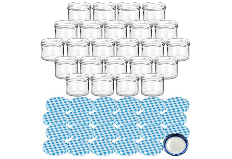 gouveo Einmachglas Vorratsgläser 230 ml rund mit Schraubverschluss TO 82, (24 Stück, Karo-Blau BLUESEAL), Gläser für Selbstgemachtes, Marmelade, Wurst von gouveo