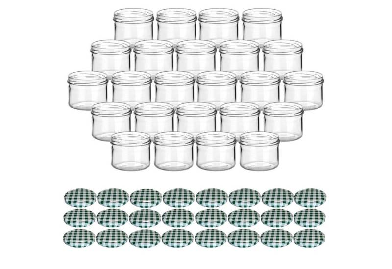 gouveo Einmachglas Vorratsgläser 230 ml rund mit Schraubverschluss TO 82, (24 Stück, Karo-Grün), Gläser für Selbstgemachtes, Marmelade, Wurst von gouveo