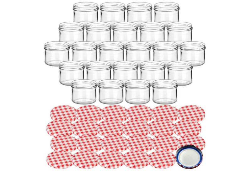 gouveo Einmachglas Vorratsgläser 230 ml rund mit Schraubverschluss TO 82, (24 Stück, Karo-Rot BLUESEAL), Gläser für Selbstgemachtes, Marmelade, Wurst von gouveo