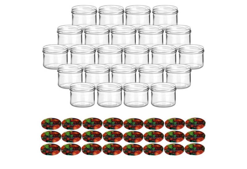 gouveo Einmachglas Vorratsgläser 230 ml rund mit Schraubverschluss TO 82, (24 Stück, Obst-bunt), Gläser für Selbstgemachtes, Marmelade, Wurst von gouveo