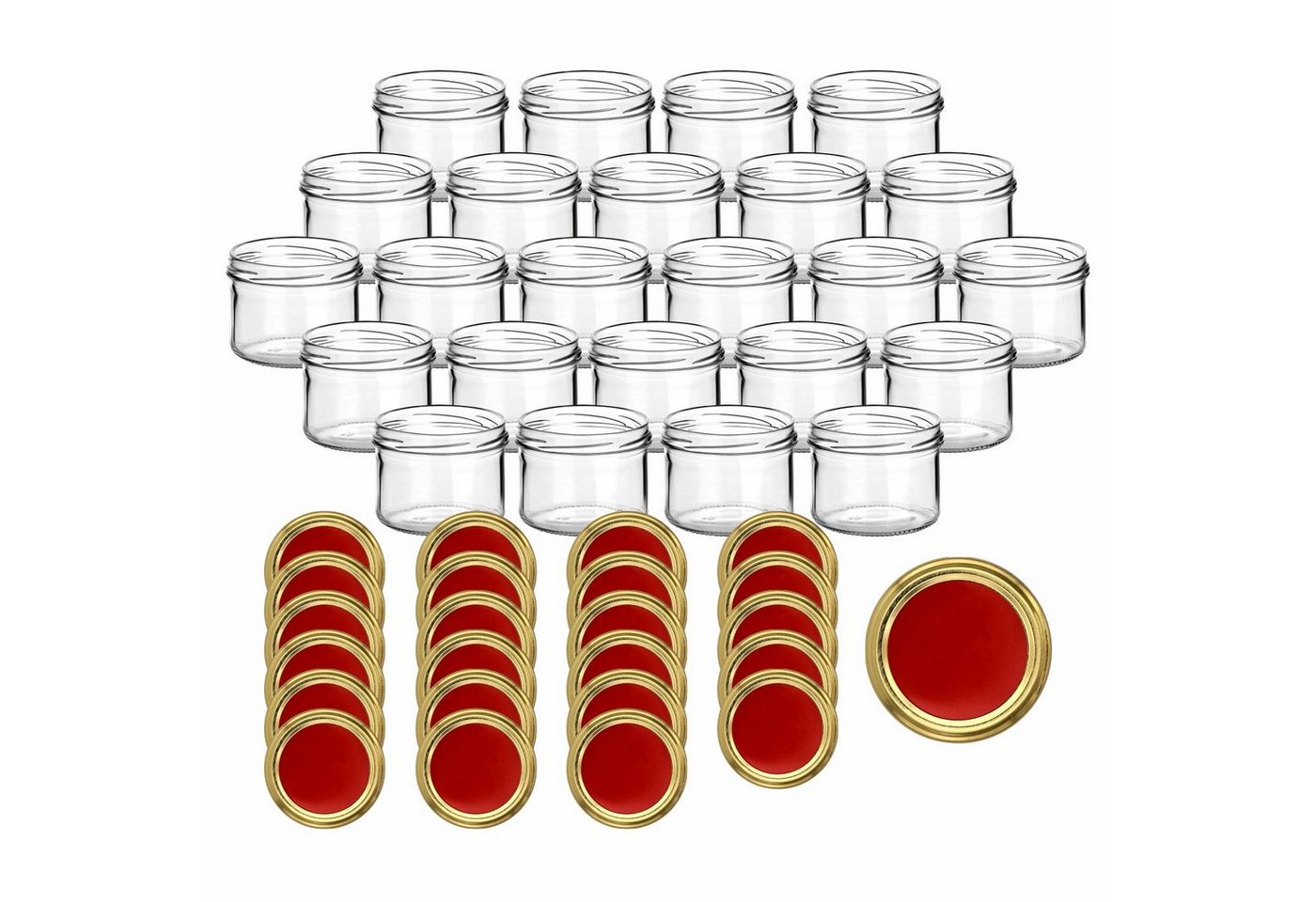 gouveo Einmachglas Vorratsgläser 230 ml rund mit Schraubverschluss TO 82, (24 Stück, Rot-Gold), Gläser für Selbstgemachtes, Marmelade, Wurst von gouveo