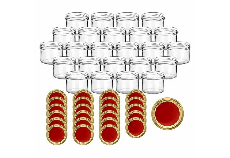 gouveo Einmachglas Vorratsgläser 230 ml rund mit Schraubverschluss TO 82, (24 Stück, Rot-Gold), Gläser für Selbstgemachtes, Marmelade, Wurst von gouveo
