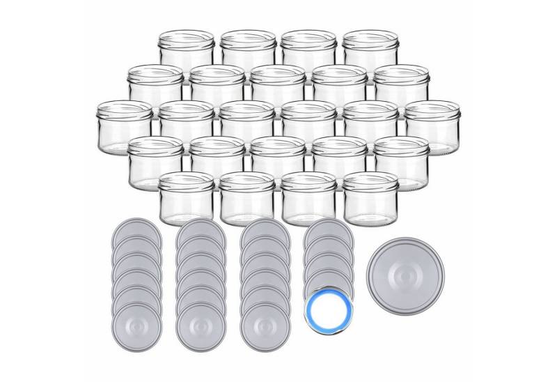 gouveo Einmachglas Vorratsgläser 230 ml rund mit Schraubverschluss TO 82, (24 Stück, Silberfarben BS), Gläser für Selbstgemachtes, Marmelade, Wurst von gouveo