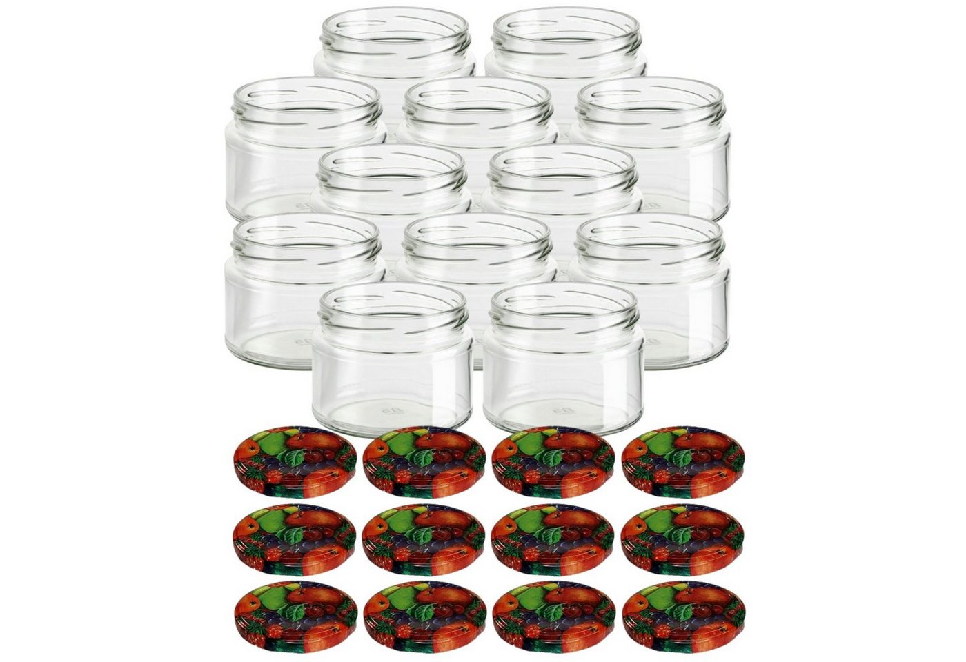 gouveo Einmachglas Vorratsgläser 300 ml Salsa mit Schraub-Deckel TO 82, (12-tlg., Obst-bunt) von gouveo