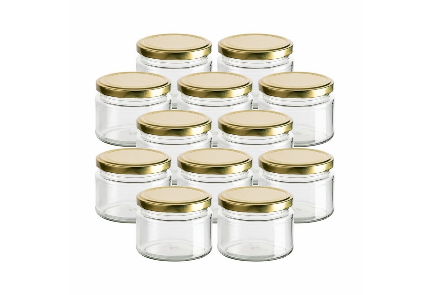 gouveo Einmachglas Vorratsgläser 300 ml Salsa mit Schraub-Deckel TO 82, (12-tlg., goldfarben) von gouveo