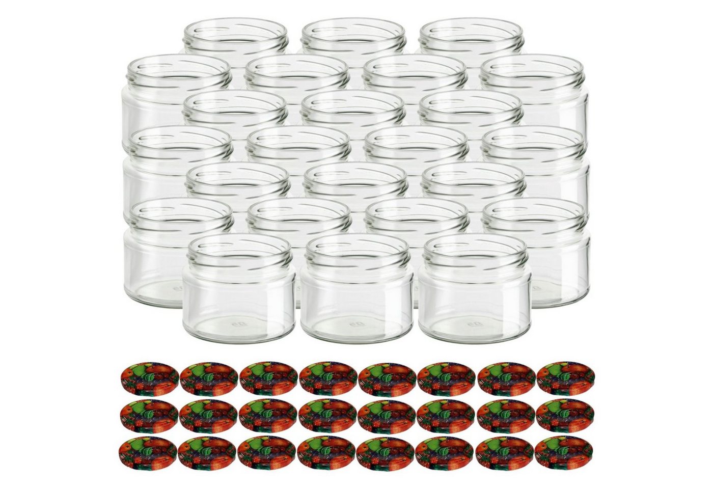 gouveo Einmachglas Vorratsgläser 300 ml Salsa mit Schraub-Deckel TO 82, (24-tlg., Obst-bunt) von gouveo