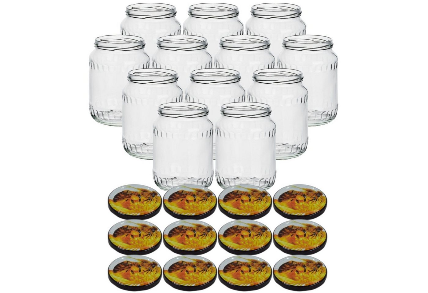 gouveo Einmachglas Vorratsgläser 720 ml Klassik mit Schraub-Deckel - Große Einmachgläser, (12-tlg., Honigbiene) von gouveo