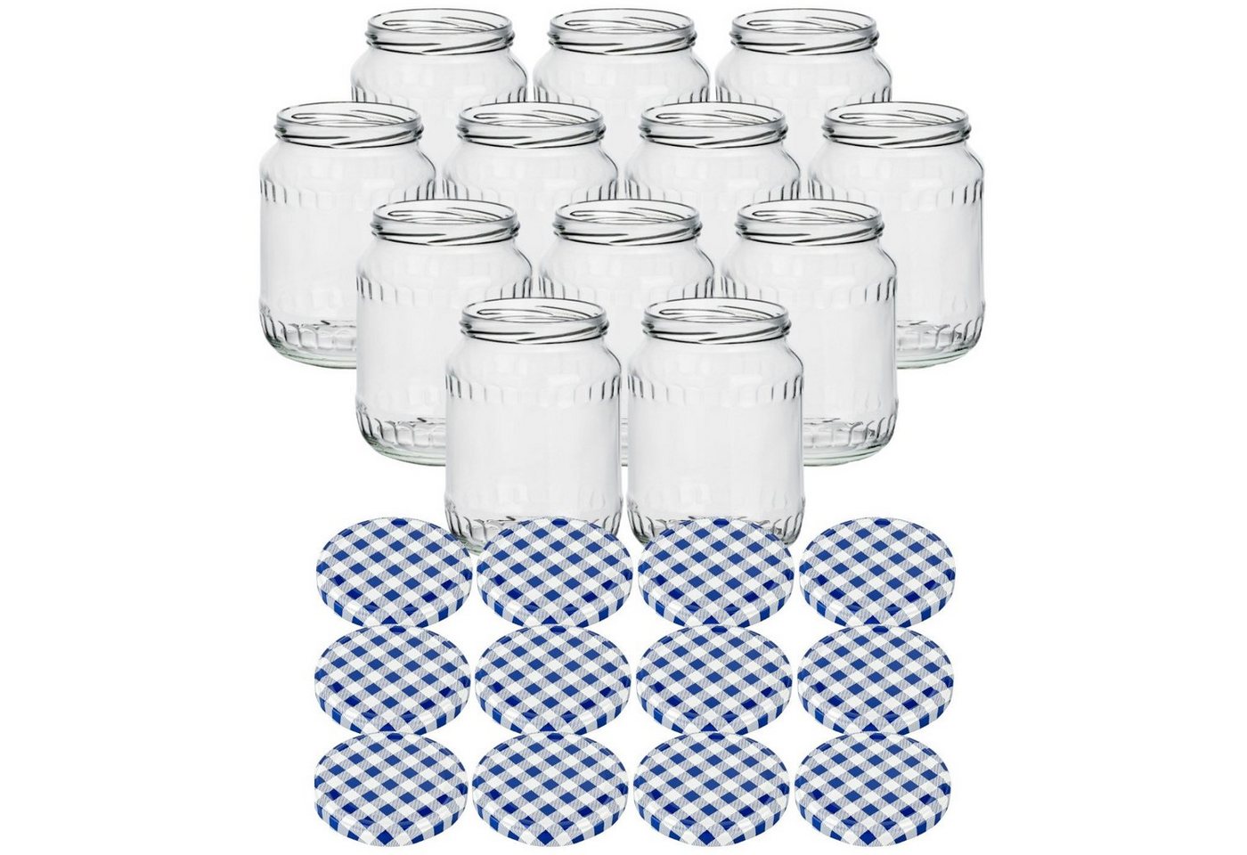 gouveo Einmachglas Vorratsgläser 720 ml Klassik mit Schraub-Deckel - Große Einmachgläser, (12-tlg., Karoblau BS) von gouveo
