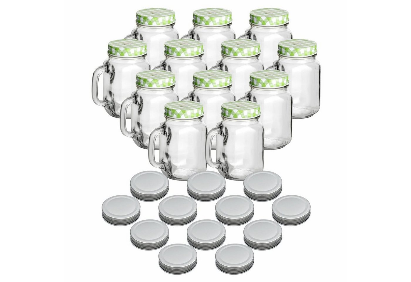 gouveo Gläser-Set Trinkgläser 110 ml mit Schraubdeckel - Kleines Trinkglas mit Henkel, 12er Set, grün/silber von gouveo