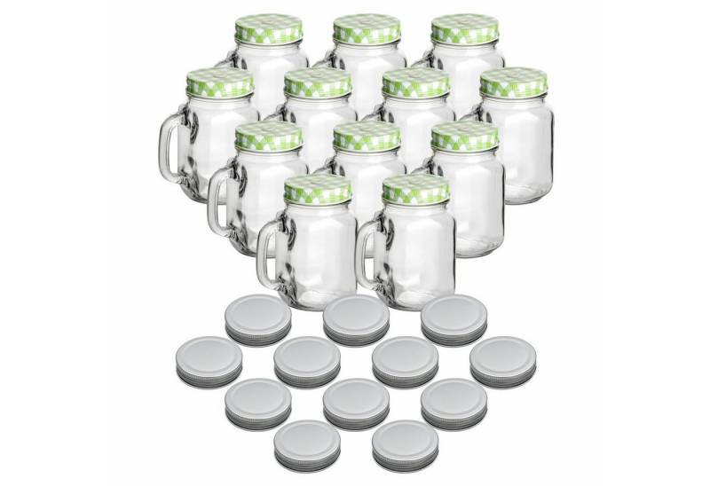 gouveo Gläser-Set Trinkgläser 110 ml mit Schraubdeckel - Kleines Trinkglas mit Henkel, 12-tlg., 12er Set, grün/silber gouveo Gläser-Set Trinkgläser 110 ml mit Schraubdeckel - Kleines Trinkglas mit Henkel, 12-tlg., 12er Set, grün/silber von gouveo