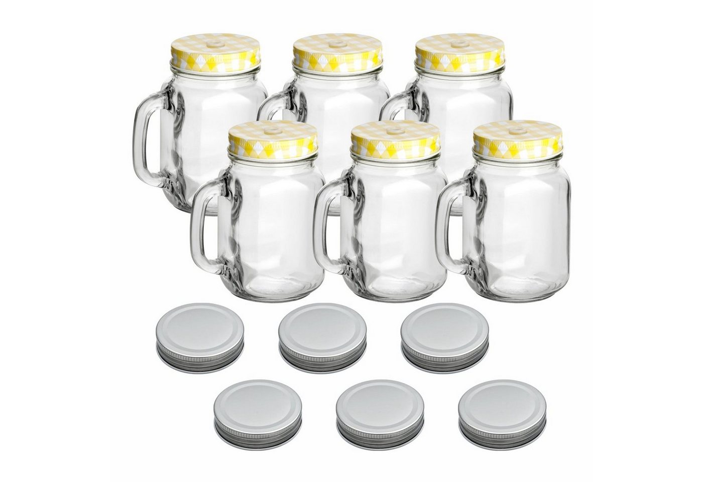 gouveo Gläser-Set Trinkgläser 110 ml mit Schraubdeckel - Kleines Trinkglas mit Henkel, 6er Set, gelb/silber von gouveo