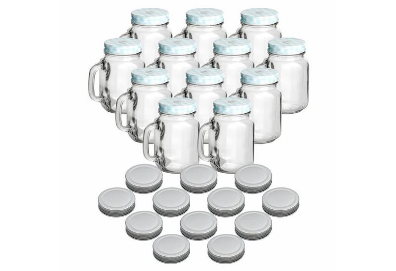 gouveo Gläser-Set Trinkgläser 450 ml mit Schraubdeckel - Trinkglas mit Henkel, 12er Set, blau/silber von gouveo
