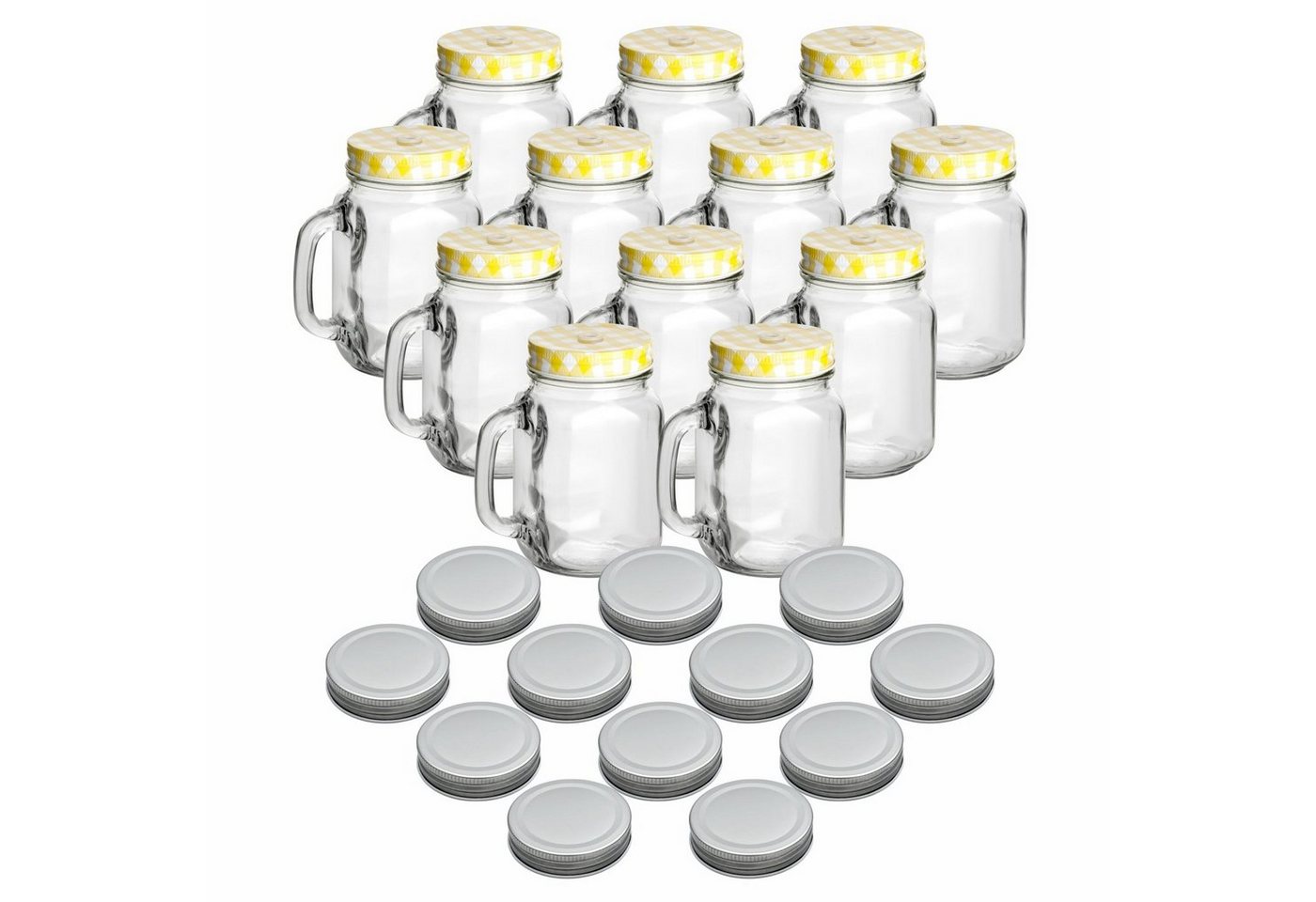 gouveo Gläser-Set Trinkgläser 450 ml mit Schraubdeckel - Trinkglas mit Henkel, 12er Set, gelb/silber von gouveo