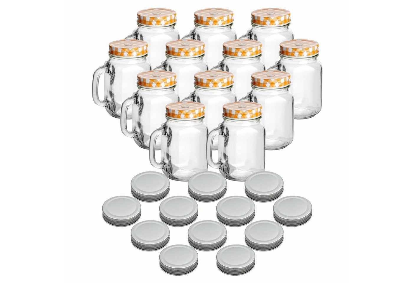 gouveo Gläser-Set Trinkgläser 450 ml mit Schraubdeckel - Trinkglas mit Henkel, 12er Set, orange/silber von gouveo