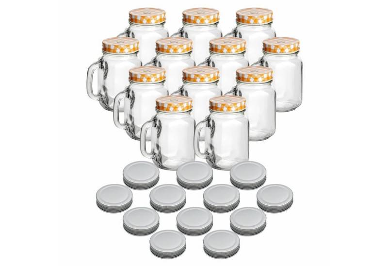 gouveo Gläser-Set Trinkgläser 450 ml mit Schraubdeckel - Trinkglas mit Henkel, 12er Set, orange/silber von gouveo