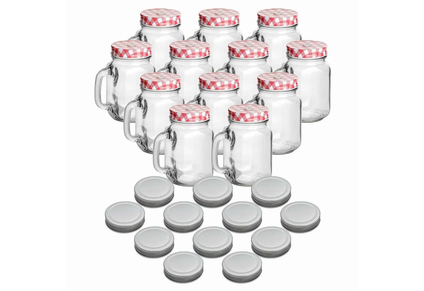 gouveo Gläser-Set Trinkgläser 450 ml mit Schraubdeckel - Trinkglas mit Henkel, 12er Set, rot/silber von gouveo