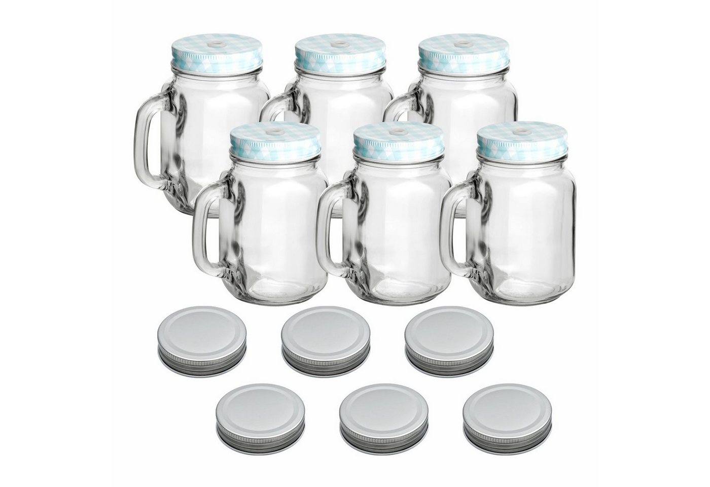 gouveo Gläser-Set Trinkgläser 450 ml mit Schraubdeckel - Trinkglas mit Henkel, 6er Set, blau/silber von gouveo