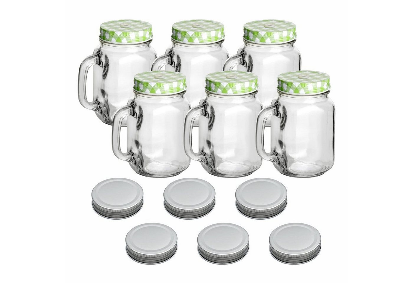 gouveo Gläser-Set Trinkgläser 450 ml mit Schraubdeckel - Trinkglas mit Henkel, 6er Set, grün/silber von gouveo